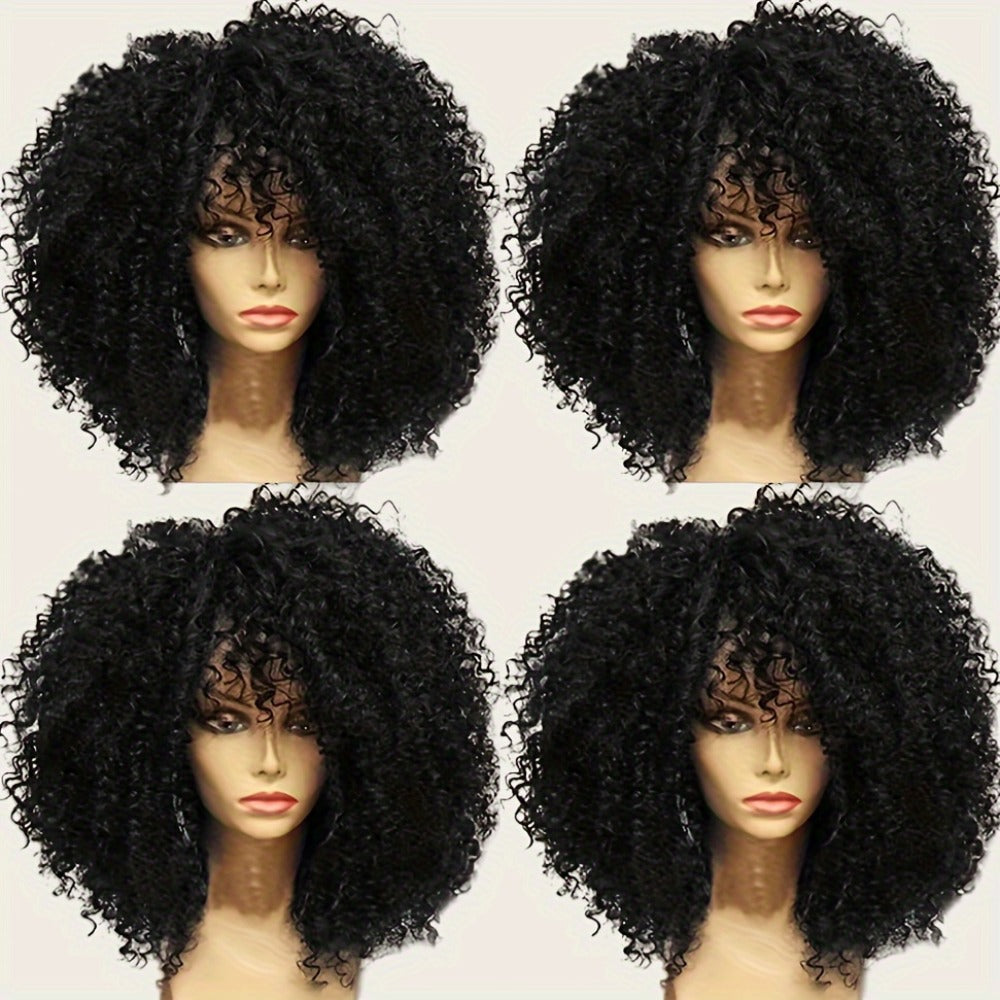 Synthetic Wig 16-Inch Kinky Curly Afro with Bangs in Color 1B and Elastic Cap for Parties and Cosplay