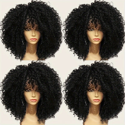 Synthetic Wig 16-Inch Kinky Curly Afro with Bangs in Color 1B and Elastic Cap for Parties and Cosplay