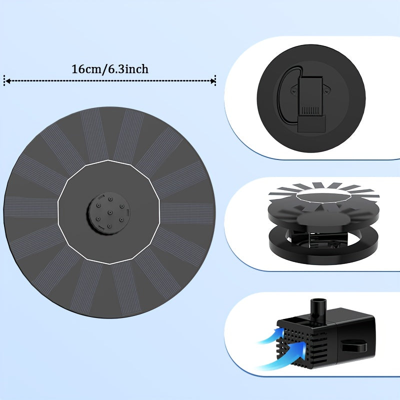 1.4W Solar Fountain Pump Kit with 16 cm Disc, Seven Spray Modes, Float Ring and Four Stabilizing Rods