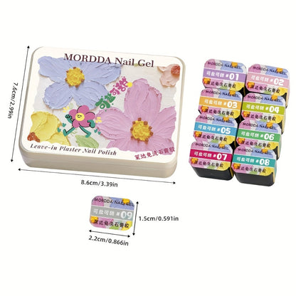 Plaster Texture Nail Art Gel Nine-Color Pastel Palette in a Compact Metal Case for Raised Sculpted Designs