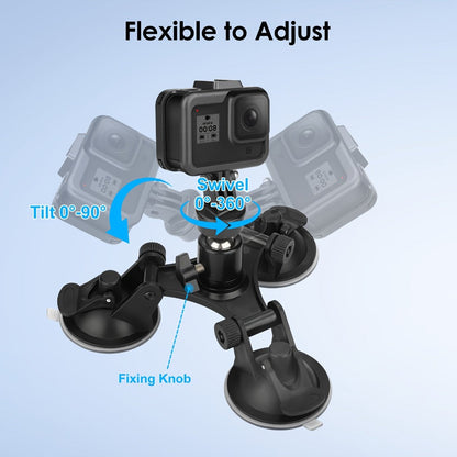 Three-Base Suction Cup Camera Mount with 360-Degree Ball Head and Quick-Release Holder for Camera Setups