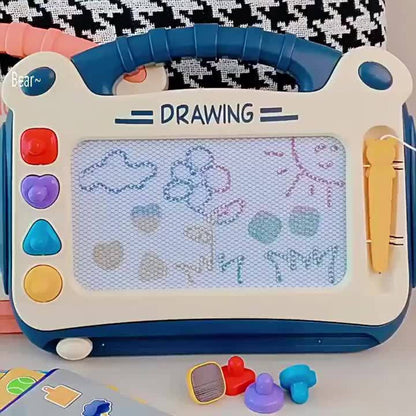 Portable Kids Magnetic Drawing Board with Four Shape Stamps, Tethered Stylus, Carry Handle and Slide Eraser