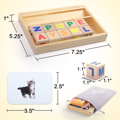 Phonics Word Builder Set with 110 Picture Cards, Ten Letter Blocks and Two-Level Wooden-Look Tray