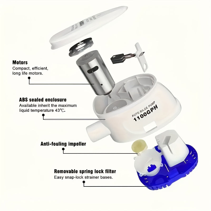 Submersible Bilge Pump 1100GPH 12V Water-Cooled Motor Dry Run Protection IP68 Marine Boat
