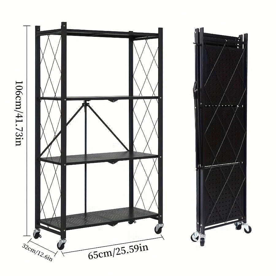 Three-to-Five-Tier Wheeled Storage Rack with Foldable Shelves and Black or White Configurations