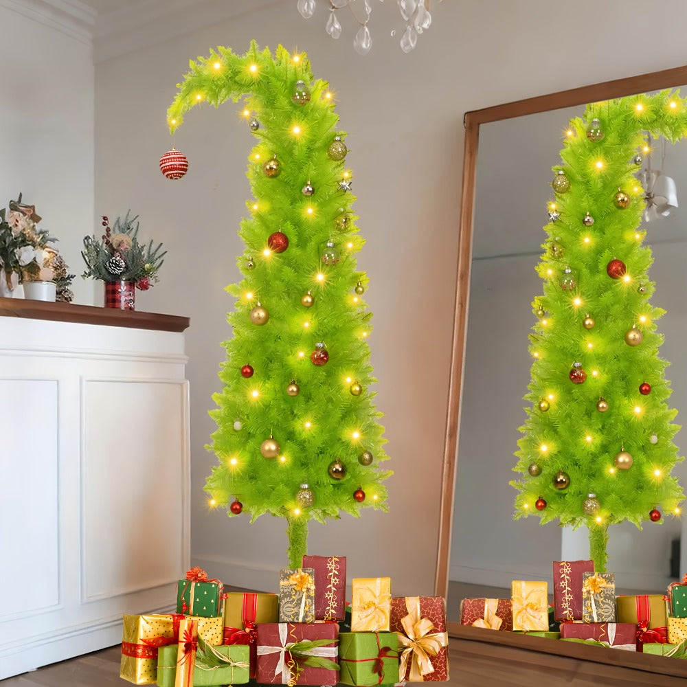 6 Foot Artificial Christmas Tree with Lights Tree Skirt and Christmas Ball Bendable Xmas Tree Stand Indoor Holiday Window Display Decoration