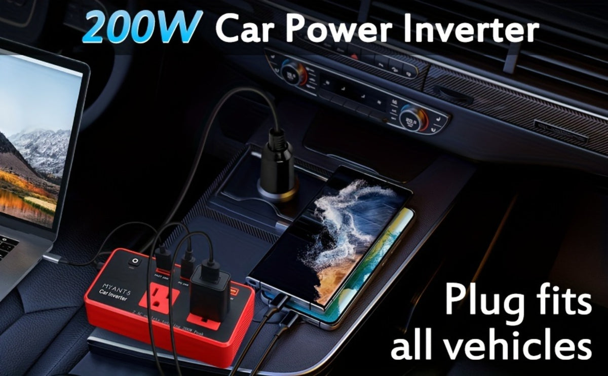 Car Power Inverter 200W - 12V DC to 110V AC, 4 USB Ports (PD & QC 3.0), Fast Charging Car Outlet Adapter for Road Trips, Camping & Vehicle Use