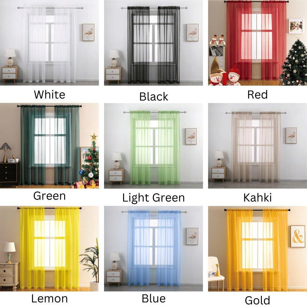 Two-Panel Solid Sheer Curtains with Rod-Pocket Header, Seven Colors and Four Size Configurations