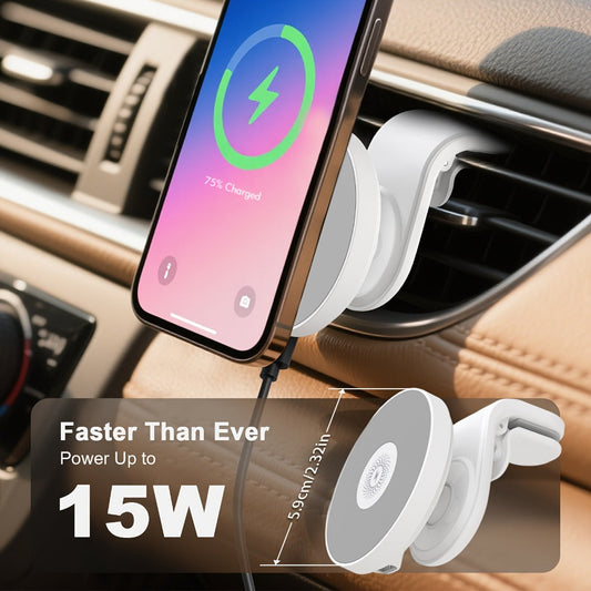 Magnetic Wireless Car Charger Mount 15W 360° Swivel Ball Joint Air Vent Holder for iPhone 17 17 Air 17 Pro Max 16 15 14 13 12 Series, Samsung Galaxy S24 S23 S22 & All Qi Devices – White