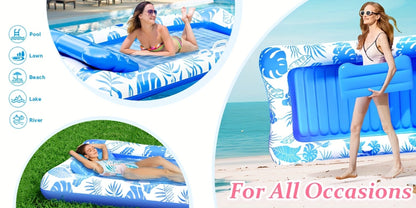 Blue-and-White Inflatable Pool Mattress with Removable Headrest, Cup Holder and 83.5 x 52.4-Inch Base