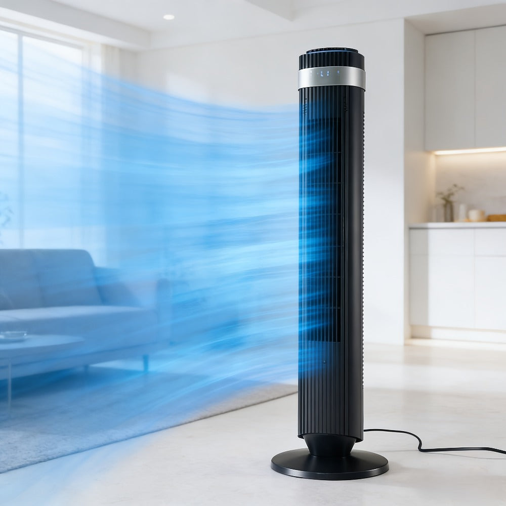 Floor-Standing Tower Fan with Circular LED Display, 7.68-Inch Base and Black, White or Gray Finish