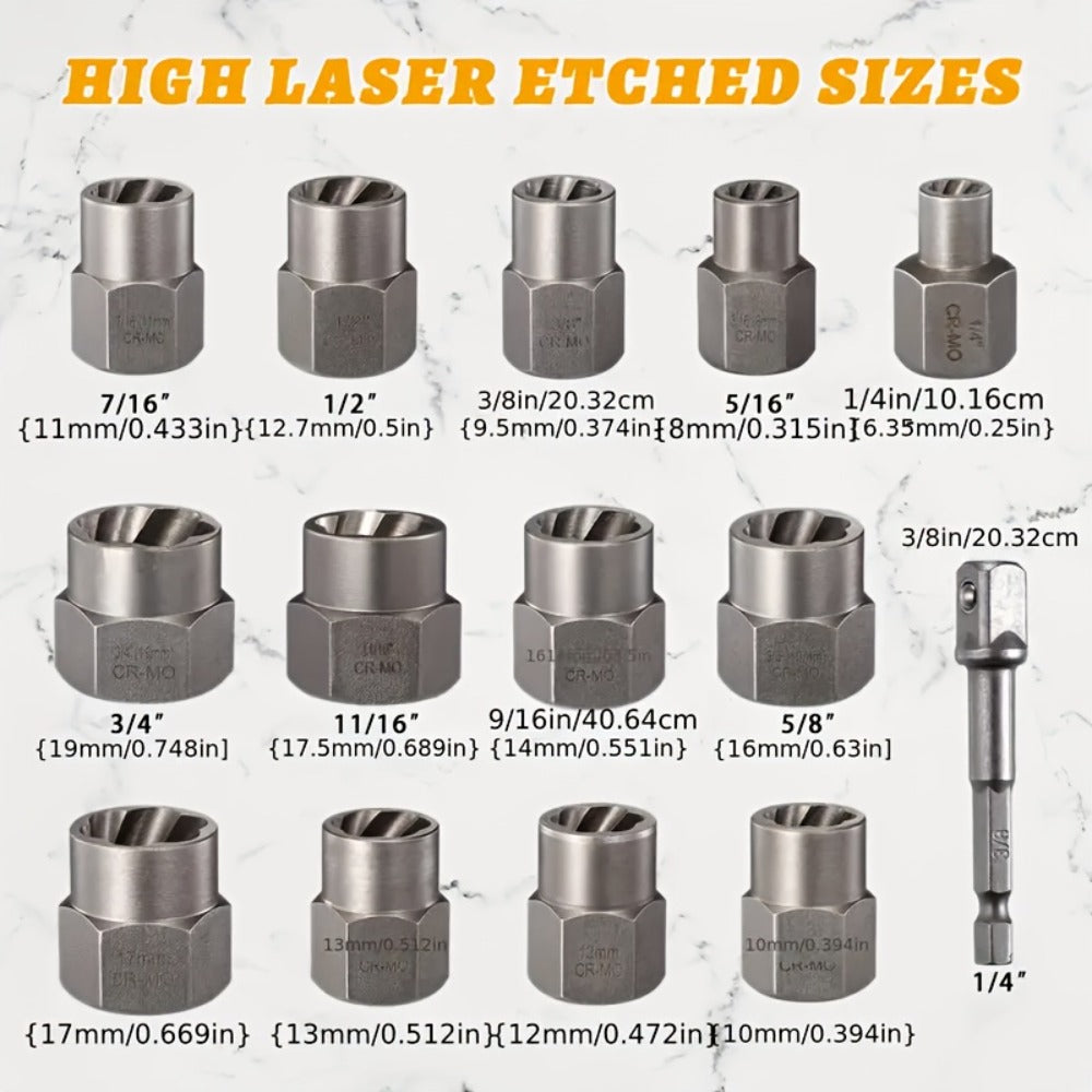 14-Piece Damaged Nut and Bolt Extractor Set with 13 Removal Sockets and 1/4- to 3/8-Inch Adapter