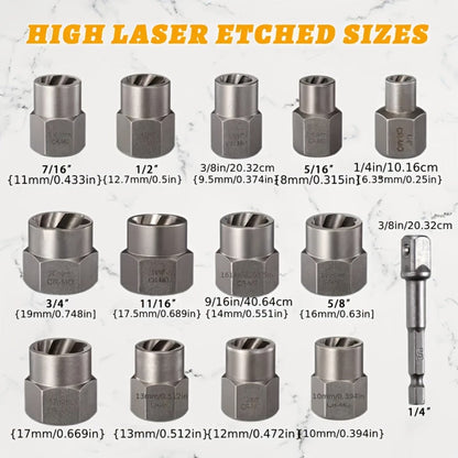 14-Piece Damaged Nut and Bolt Extractor Set with 13 Removal Sockets and 1/4- to 3/8-Inch Adapter