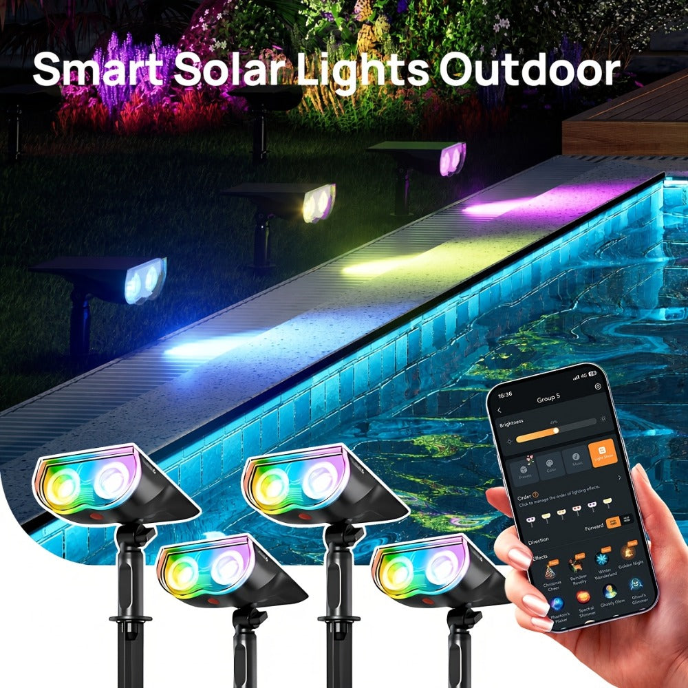 Solar Outdoor Spotlights RGB Smart Color Changing – App & Voice Control, Music Sync, 16M Colors, 14H Battery, Waterproof Landscape Accent Lights | 4 & 6 Pack