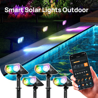 Solar Outdoor Spotlights RGB Smart Color Changing – App & Voice Control, Music Sync, 16M Colors, 14H Battery, Waterproof Landscape Accent Lights | 4 & 6 Pack