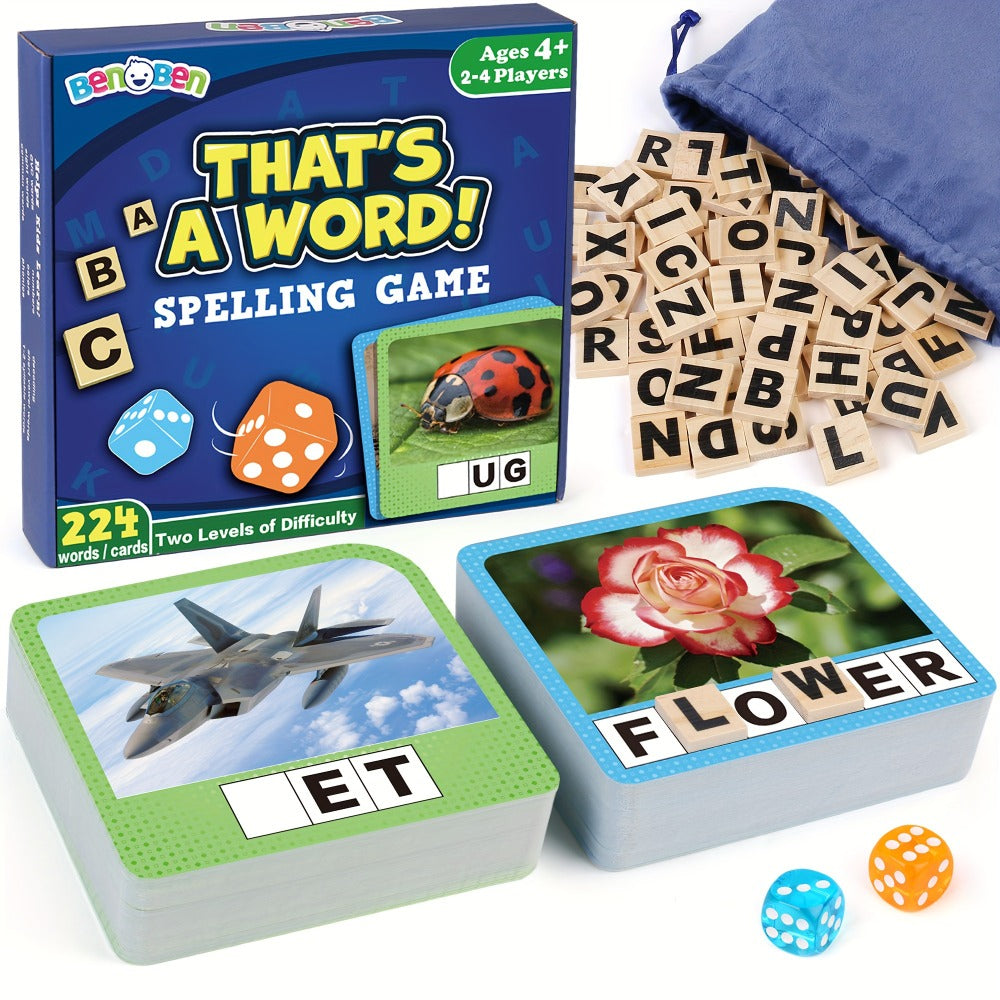 Spelling Word Game with 224 Picture Flash Cards, 208 Wooden Letter Tiles and Two Dice for Ages Four Plus