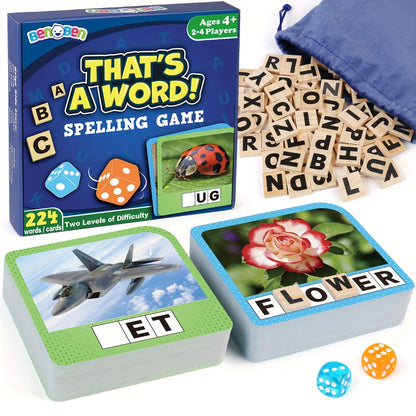 Spelling Word Game with 224 Picture Flash Cards, 208 Wooden Letter Tiles and Two Dice for Ages Four Plus