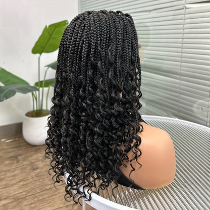 Goddess Braided Wig Knotless Bohemian Square Braid Full Lace Curly Wave 14-16 Inch Black Burgundy Brown Natural Hairline Protective Style Synthetic Wig for Women
