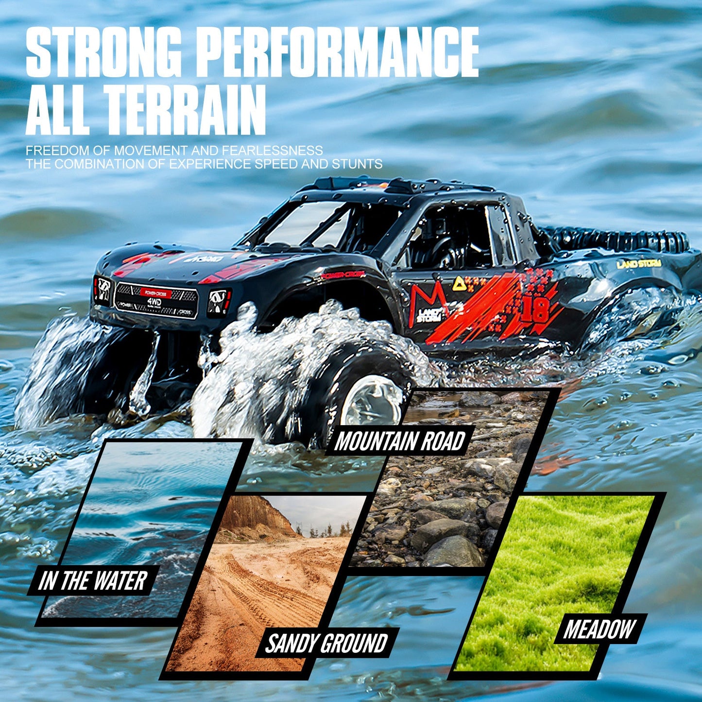 RC Monster Truck or Pickup 1:16 Scale in Five Body and Color Styles with 4WD Layout and Two Rechargeable Batteries