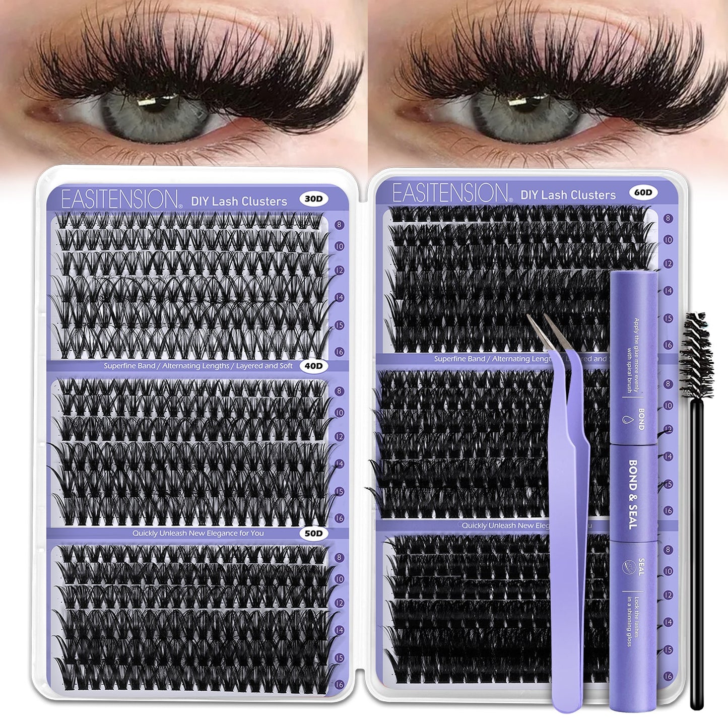 Premade Lash Clusters 708Pcs Mixed Length 30D 50D 80D 100D Wispy Volume Kit – Natural Fluffy DIY Lash Extensions with Bond Seal & Applicator for Everyday, Party, Travel & Event Looks