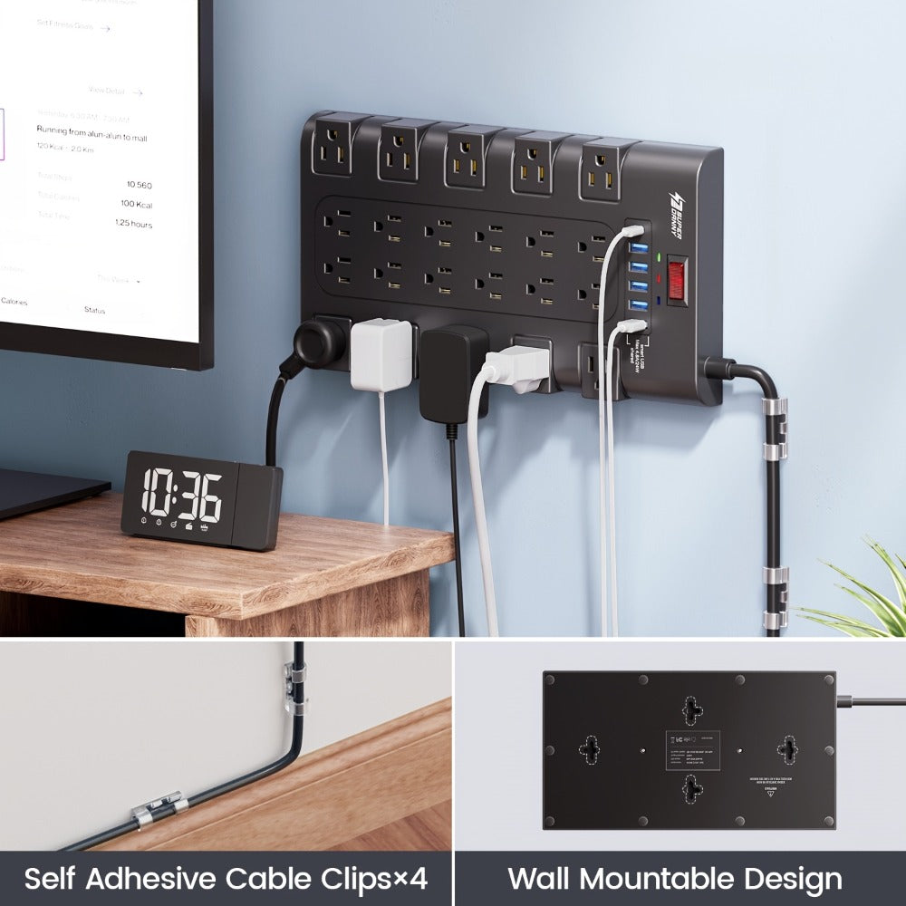 Surge Protector Power Strip 28-in-1 with 22 AC Outlets, 5 USB-A, 1 USB-C, 2100J Rating and 5 to 13 ft Cord Options
