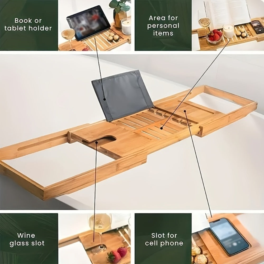 Bamboo Bath Caddy Tray with Adjustable Reading Rack - Expandable Bathtub Tray, Space-Saving Bathtub Organizer for Books