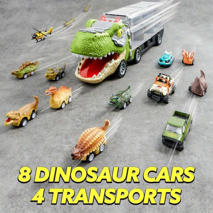 Dinosaur Truck Toy Set 13 PCS – Transport Carrier Truck with Lights & Sounds + 8 Pull-Back Cars + 3 Die-Cast Dino Vehicles + Helicopter | Friction Powered Dinosaur Toy for Boys Ages 3+ | Best Birthday Christmas Gift