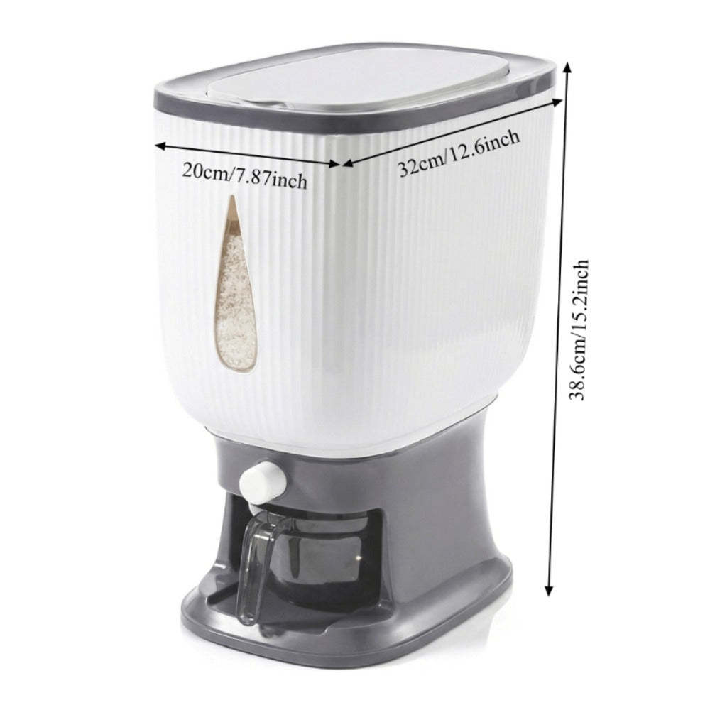Rice Dispenser with Measuring Cup, 22LB Large Capacity 6-Chamber Sealed Grain Storage Container, Transparent Window, Moisture & Insect Resistant, One-Click Design for Rice Beans Flour Pet Food – Kitchen Cabinet Organizer
