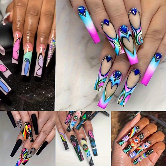 Cosmic Eyes Press On Nails 120pcs Extra Long 5 Boxes – Crystal Rhinestone Matte Colorful Stripes Floral Pattern Wearable Nail Art | Festive Gift Set for Women | Bold Party Festival Halloween Nails