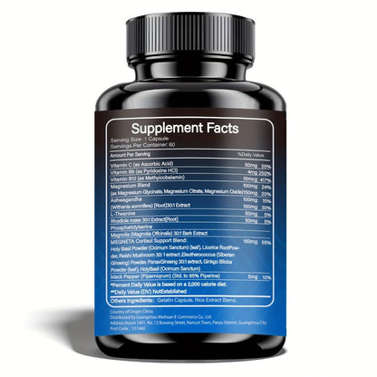 Dietary Supplement Capsules with Himiyer Label, Ashwagandha, L-Theanine, Magnesium and 60 Count