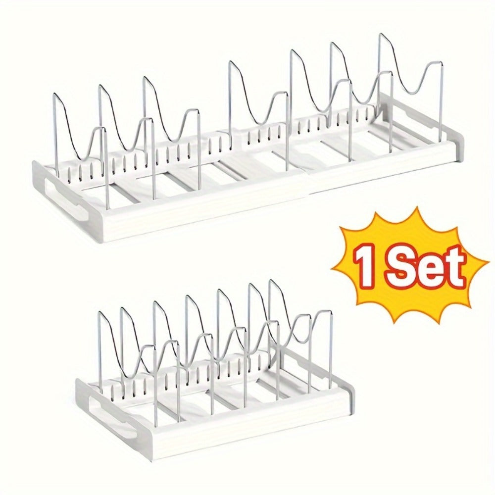 Pots and Pans Organizer Rack Adjustable Expandable - Metal Bakeware Organizer with Dividers, Pot Lid Holder for Under Cabinet & Kitchen Cabinet Storage, Holds Pots, Pans, Lids & Bakeware, White