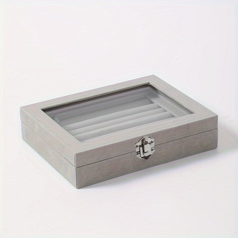 Jewelry Box with Locking Lid – 49-Ring Capacity Glass-Like Plastic Ring & Earring Organizer, Large Rectangular Storage Case, Waterproof Anti-Tarnish, 4 Colors, Holiday Gift