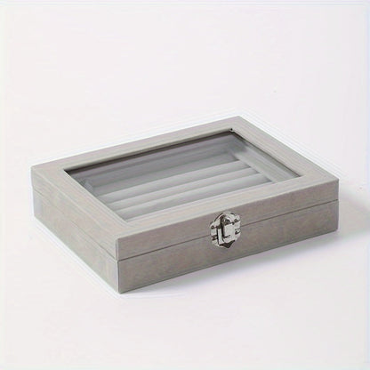 Jewelry Box with Locking Lid – 49-Ring Capacity Glass-Like Plastic Ring & Earring Organizer, Large Rectangular Storage Case, Waterproof Anti-Tarnish, 4 Colors, Holiday Gift