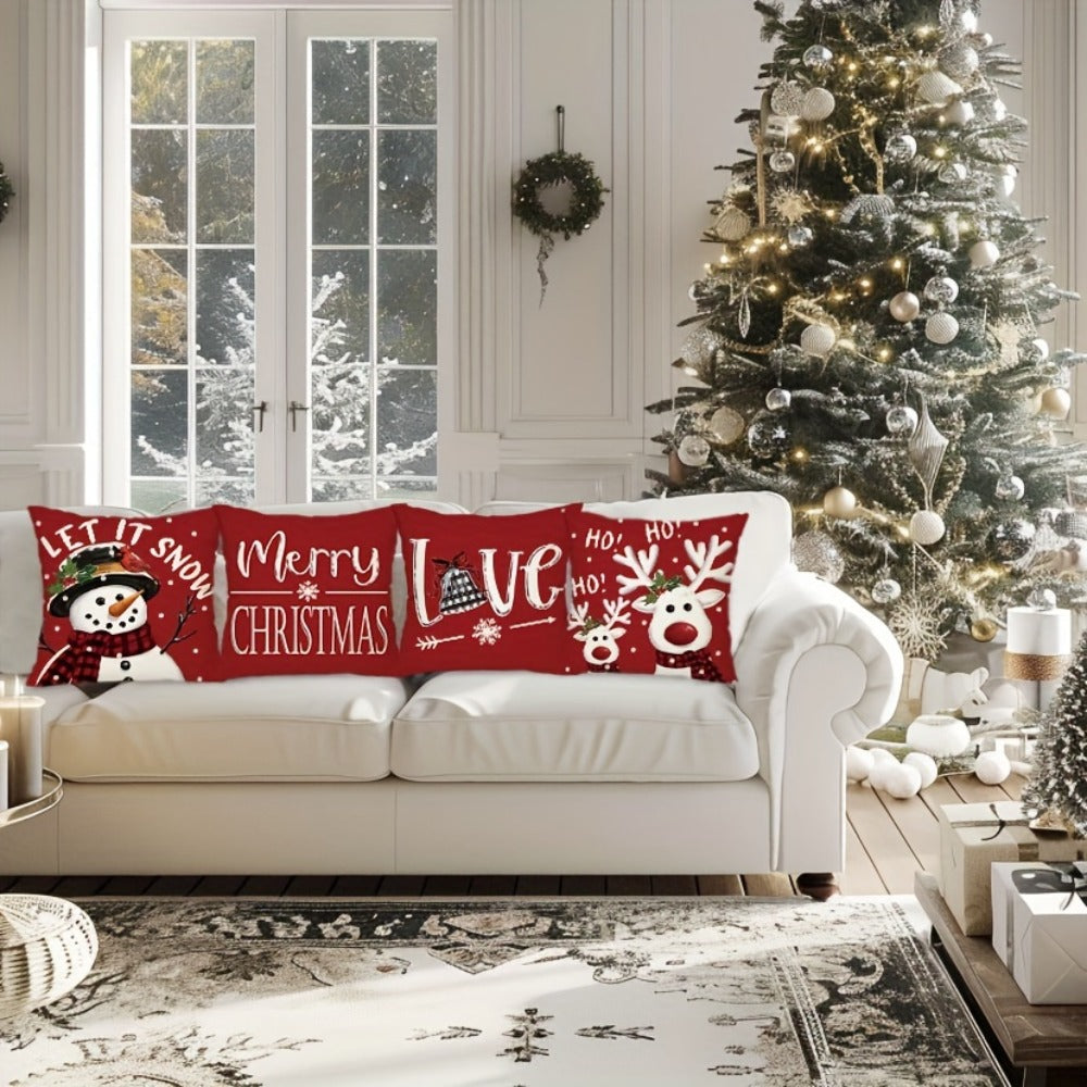 Four-Piece Christmas Pillow Cover Set, 17.72 x 17.72 Inches with Reindeer, Snowman and Holiday Typography