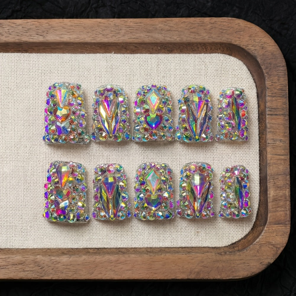 Press On Nails 10-Piece Short Duckbill Set with Glossy Mixed Colors, AB Crystals and Gel Adhesive Tabs