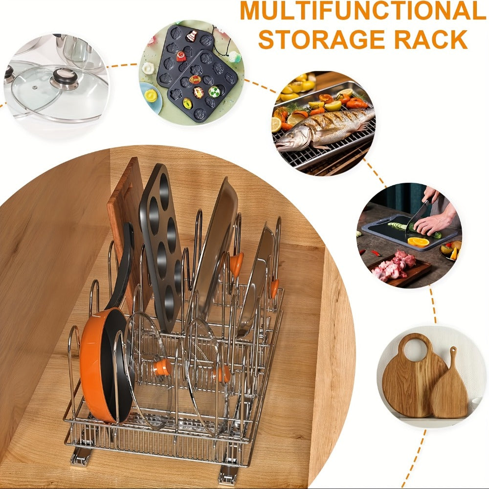Cabinet Pot & Pan Organizer Rack with 10 Adjustable Dividers, 11"W x 17.5"D x 8.3"H, Chrome Steel Kitchen Storage