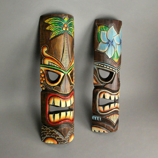 Tiki Wall Masks Set of 2 – Hand Carved Wooden 20" Tropical Decor with Palm Tree & Plumeria Designs for Indoor Outdoor Patio Bar