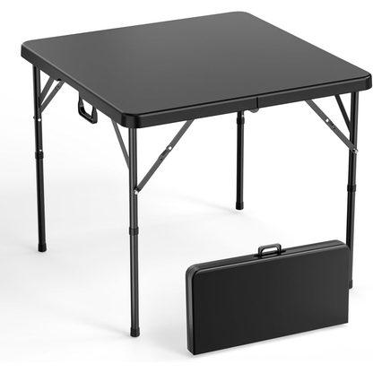 Portable Square Bi-Fold Table with Carry Handle in Black or White, Approximately 34 Inches Wide