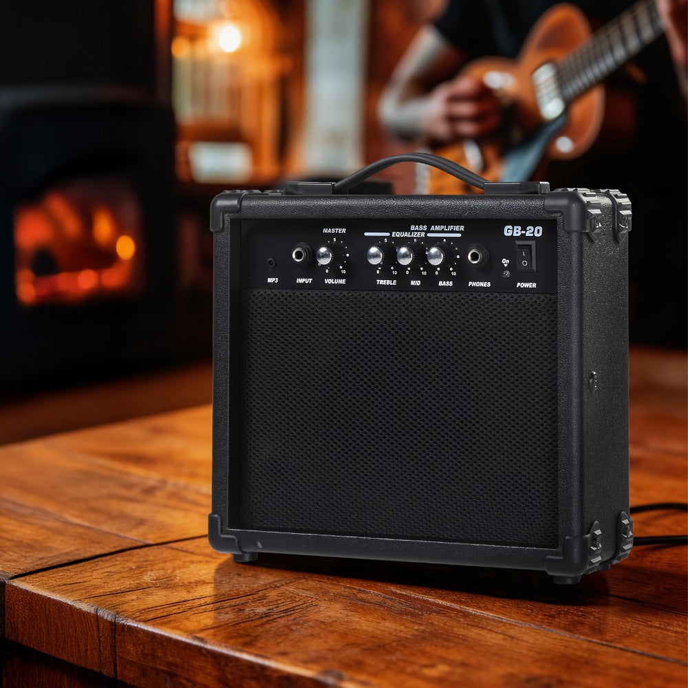 20W Electric Bass Guitar Amplifier with 6.5-Inch Speaker, Volume Treble Bass Middle Controls, Headphone Output Jack, AUX Input for MP3, Portable Practice Amp for Beginner & Home Studio Use