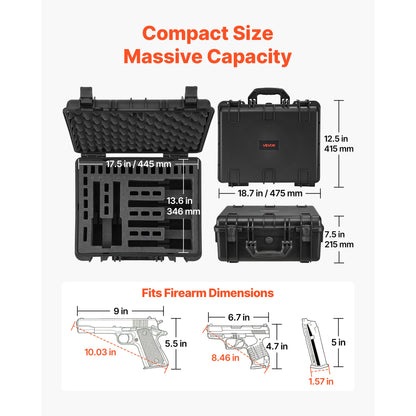 Hard Gun Case with Modular XPE Foam Interior – Heavy Duty Pistol Storage Box with Metal Hinges, 4 Lock Holes & Pressure Valve, Fits Glock & 6 Magazines, 18.7x12.5x7.5 in