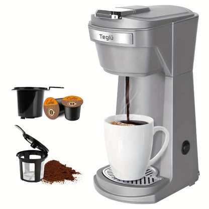 Single-Serve Coffee Maker for Pods or Grounds with 6-14oz Fill Labels, One-Button Control and Four Colors