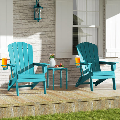 Folding HDPE Adirondack Outdoor Chair with Cup Holder in Four Colors and One-, Two- or Four-Piece Sets