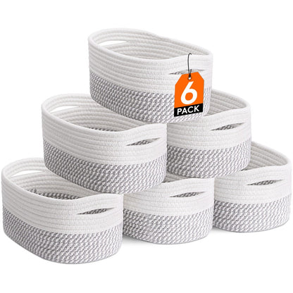 Basket Storage Organizer 6-Pack Cotton Rope Cube Bins 11 x 7 x 5 Inch in Five Color Options