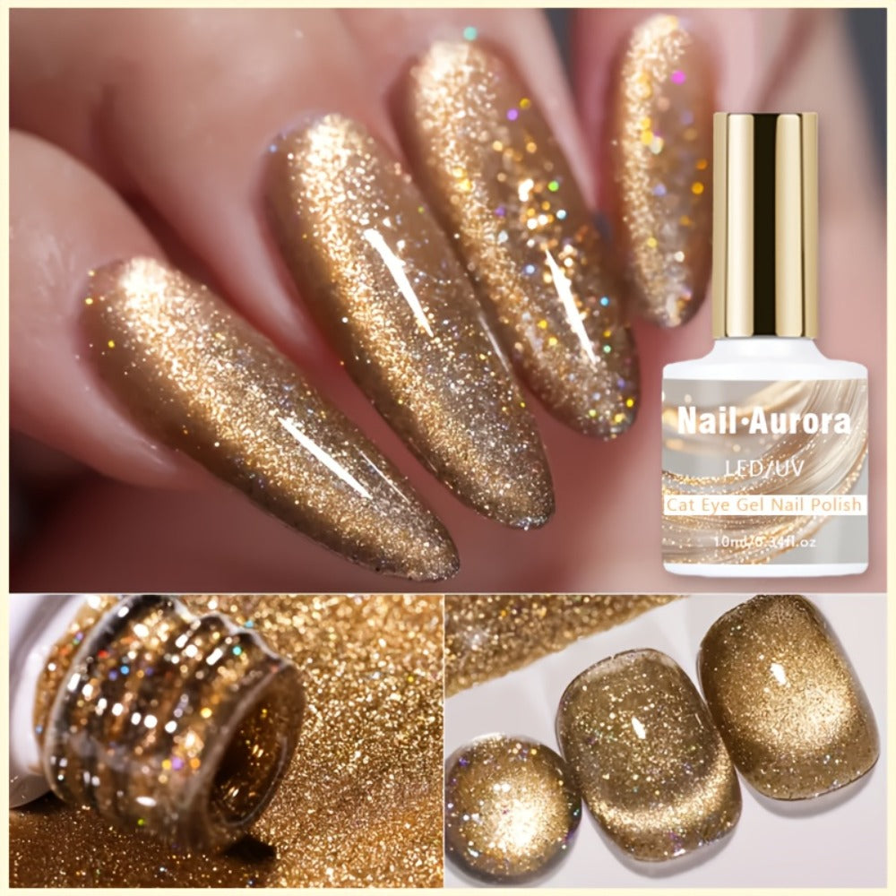 10ml Golden Glitter Cat Eye Gel Polish with Magnetic Color Effect and UV/LED Lamp Curing Label