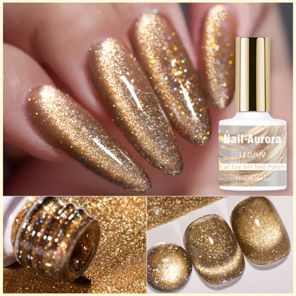 10ml Golden Glitter Cat Eye Gel Polish with Magnetic Color Effect and UV/LED Lamp Curing Label