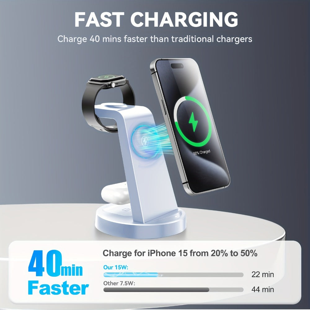 3-in-1 Wireless Charging Dock Multi-Color Fast Charge for iPhone 17 16 15 14 13 12 11 Pro Max, Apple Watch Ultra 2 Series 10 9 8 7 6 SE, AirPods 4 3 2 Pro & Samsung Galaxy – Black Blue Pink U1 U2