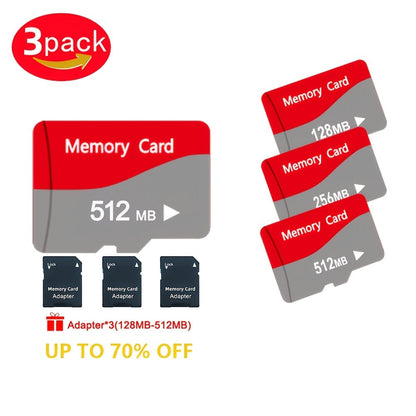 MicroSD Memory Card 3-Pack in 128MB, 256MB or 512MB Capacity Options with Full-Size SD Adapters