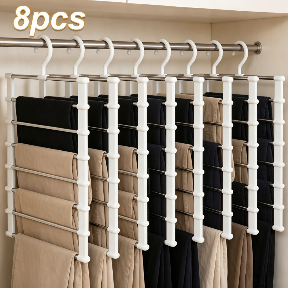 Foldable Multi-Layer Pants Hangers in Four- or Eight-Piece White Sets for Jeans, Scarves and Trousers