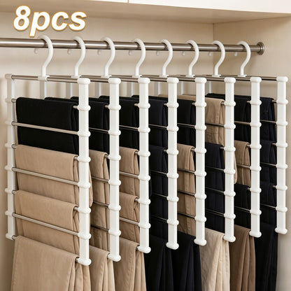 Foldable Multi-Layer Pants Hangers in Four- or Eight-Piece White Sets for Jeans, Scarves and Trousers