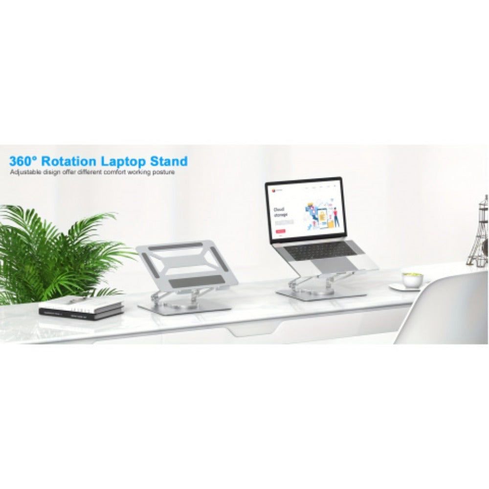 Rotating Laptop Stand with 360-Degree Swivel Base, Foldable Metal Riser in Silver or Black
